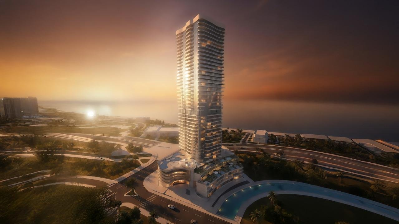 Sunset perspective of Radiant Wave tower, highlighting Al Reem Island skyline and contemporary architectural elegance.